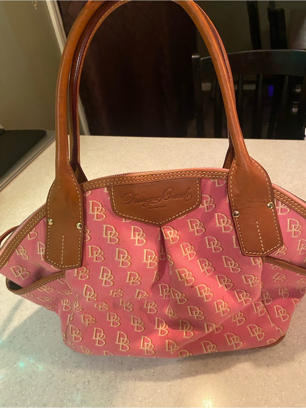 Dooney & Bourke Pink DB Logo Shoulder Bag with Brown Leather Trim